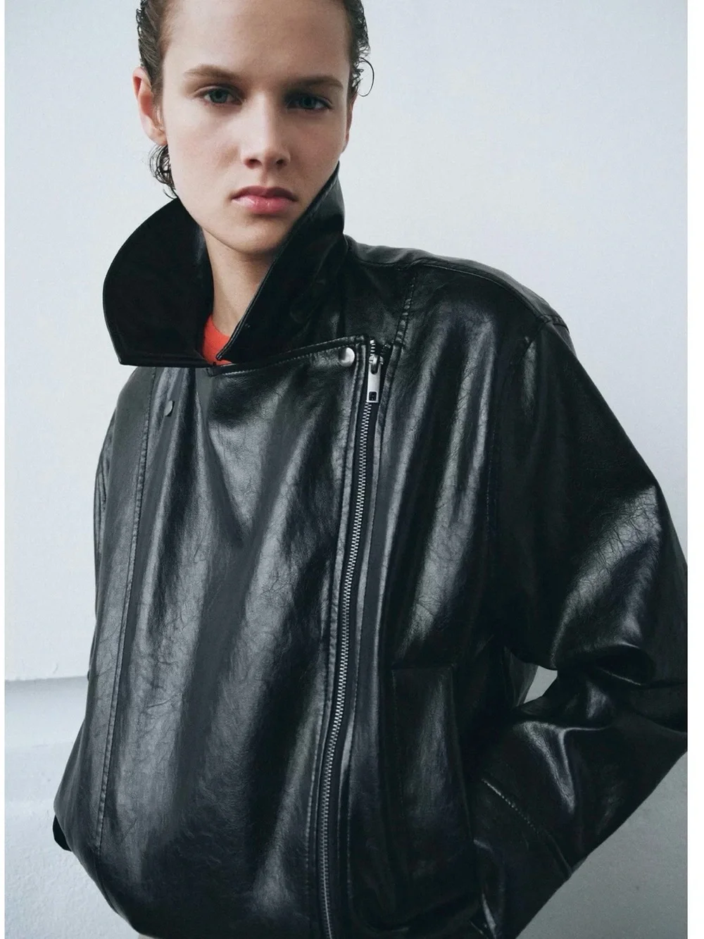 NWT Zara ZW Collection faux leather jacket with lapel collar and belted hem. S.